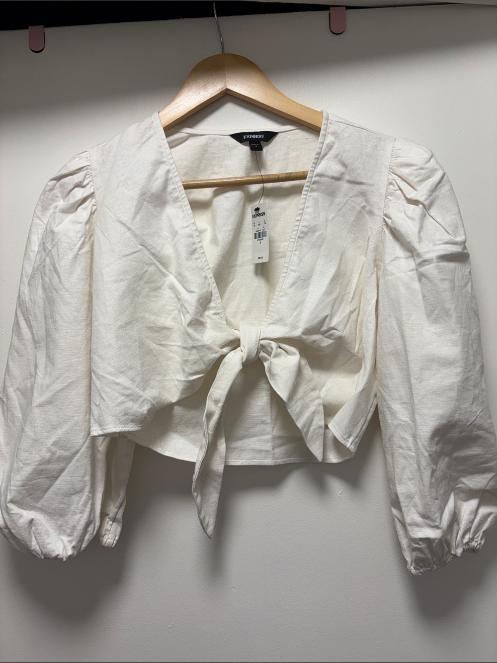 Express Ivory Tie-Front Puff Sleeve Blouse